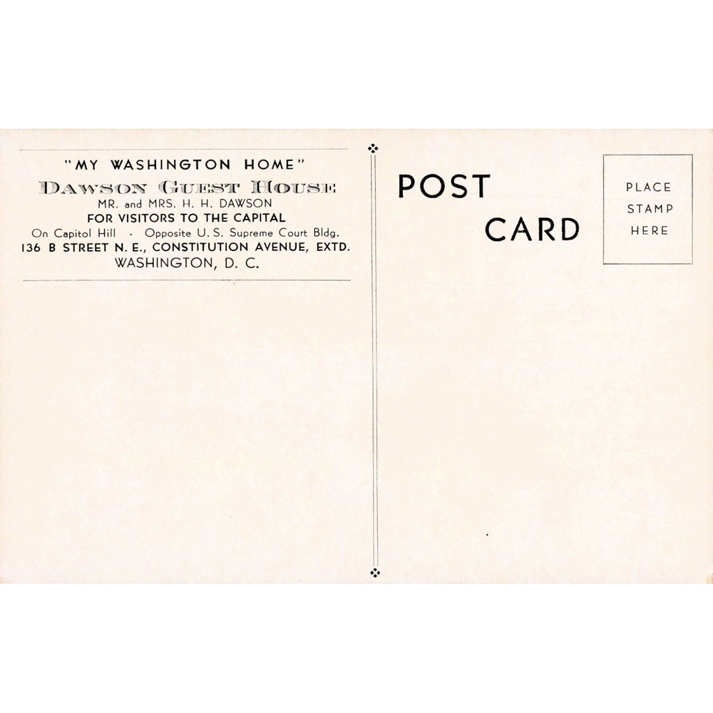 Vintage Dawson Guest House Postcard Washington DC Capitol Hill 136 B Street NE - Picture 2 of 2